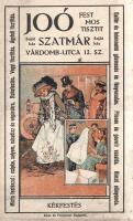 [Aprónyomtatvány.] Joó Sándor szatmári ruhafestő és vegytisztító vállalkozó színes, illusztrált hirdetése, hátoldalán megrendelőlappal. (1909 körül). Szatmár, 1906-1909 között. Joó Sándor - Klein és Fleischner ny., Budapest. Színes hirdetés, mérete: 97x65 mm egy 165x100 mm méretű lapon. A külföldön tanult kékfestő és mosodás vállalkozó, Joó Sándor 1900 körül nyitotta meg üzletét Szatmár (Szatmárnémeti) városában, a vállalkozás pedig a korabeli hirdetések szerint 1905 körül pedig már kékfestő inasokat is keresett. A minden bizonnyal sikeresnek bizonyuló modern, gőz- és villamos meghajtású mosoda, vasalda és kékfestő műhely 1906 májusában költözik át a város széle felé eső Zrínyi utcából a főtérbe torkolló Várdomb utcába, a 12. szám alá. A színes hirdetési képen előterében századfordulós eleganciájú úri páros, hátterében 1906 körüli automobil-modell tűnik fel, az utcai sár pedig korfüggetlen. Színes hirdetésünk hátoldalán kitöltetlen árufelvételi táblázat. Jó állapotú lap, hajtogatásnyommal.