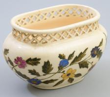 cca 1890, Zsolnay kis jardinierre. Aranykontúrozott virágmintákkal festett öntött finomfajansz, pere...