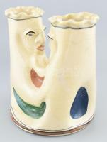 Régi népi, fejes kerámia váza, jelzés nélkül, minimális csorbákkal, m: 26 cm