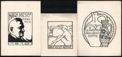 Dienes János (1884-1962): 3 db Nagy József könyve (szecessziós ex libris), 1910. Litográfia, papír, jelzés nélkül, klf. méretekben