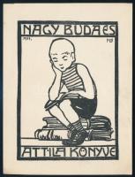 Haranghy Jenő (1894-1951): Nagy Buda és Attila könyve (szecessziós ex libris), klisé, papír, jelzés nélkül, 11,5x8,5 cm