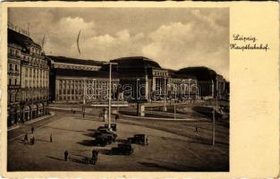 1938 Leipzig, Hauptbahnhof / railway station, tram, automobiles (EK)