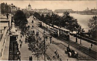 London, Embankment and River Thames, double-decker trams