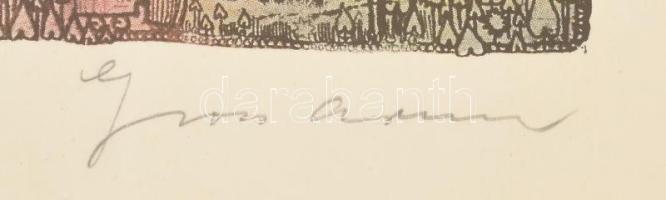 Gross Arnold (1929-2015): Kék álmok városa. Ofszet nyomat, papír, jelzett. Törésnyomokkal. 30x48 cm