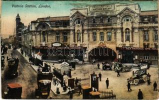 London, Victoria Station, railway station, double-decker bus, automobiles (worn corners)