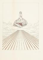 Artur Laskus (1936-1998): Szürrealista kép (agyon ülő női akt). Rézkarc, papír, jelzett. Elszíneződéssel. 31x24 cm