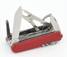 Svájci bicska sok funkcióval (fogó, csavarhúzó, nagyító, stb.), jó állapotban, összecsukva: 9x3 cm