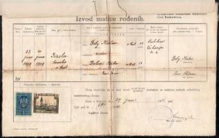 cca 1900-1940 Vegyes régi okmány tétel anyakönyvi kivonatok, okmánybélyegekkel, benne két fotó, egy ...