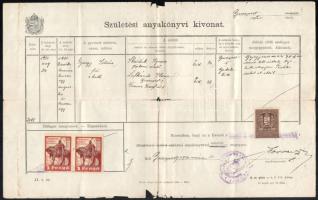 cca 1900-1940 Vegyes régi okmány tétel anyakönyvi kivonatok, okmánybélyegekkel, benne két fotó, egy ...