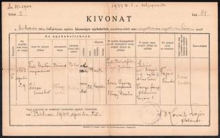 cca 1900-1940 Vegyes régi okmány tétel anyakönyvi kivonatok, okmánybélyegekkel, benne két fotó, egy ...