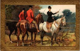 1907 Horses, horse riding. Emb. golden frame