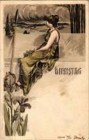 1900 Dienstag / Tuesday. Lady art postcard. Verlag v. M. Kimmelstiel & Co. Art Nouveau, litho s: H. Fründt (fl)
