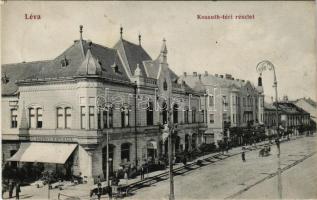 1912 Léva, Levice; Kossuth tér, Láng Központi Kávéháza, Kovács Sándor, Borcsányi Gyula és Szilárd József üzlete. Nyitrai és társa kiadása / street, shops, cafe