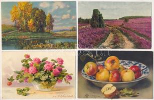 18 db RÉGI művész képeslap vegyes minőségben: virágok, csendéletek, tájak / 18 pre-1945 art postcards in mixed quality: flowers, still life, landscapes