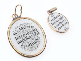 Arany (Au) 14K keretes porcelán szentkép medál, jelzéssel és jelzés nélkül, h: 1 és 2 cm, bruttó: 3,...
