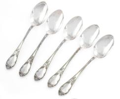 Ezüst(Ag) 5 db virágmintás nyelű kávéskanál, jelzett, h: 9,8 cm, nettó: 38,6 g