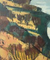 Batári László (1920-1997): Dunai táj (Dunakanyar). Olaj, farost. Jelzett. Hátoldalán Képcsarnok Váll...