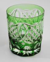 Ajka kristály zölden pácolt 6 darabos whiskey pohár készlet, hibátlan, eredeti dobozában, m: 10 cm
