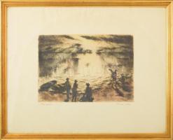 Kórusz József (1927-2010): Napnyugta. Rézkarc, papír, jelzett. Üvegezett keretben, 21x29 cm
