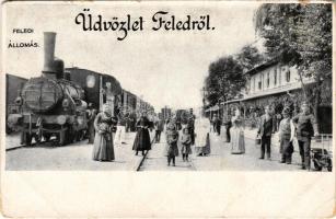 Feled, Veladin, Jesenské; vasútállomás, gőzmozdony, vonat / Bahnhof / railway station, locomotive, train (EB)