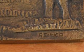 Renner Kálmán (1927-1994) Gulyás szürke marhákkal. Réz fali dísz, fa alapon, jelzett (fa kicsit sérü...