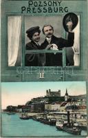 1908 Pozsony, Pressburg, Bratislava; vár és Duna part. Montázs szerelmes párral a vonat ablakából / castle, Danube. Montage with couple in the train's window