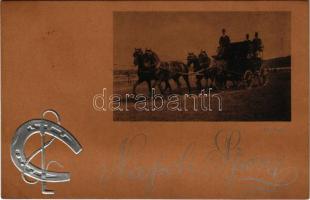 1901 Napoli Sport. Fot. Crocco / Italian horse-drawn carriage, horse riding. Emb. silver horseshoe (fa)