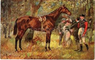 Horse riding, art postcard with jockey (EB)