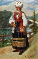 Wärend, Smaland. Nordiska museet. Granbergs Konstindustri-Aktiebolags Förlag No. 6613. / Swedish folklore, national costume, artist signed