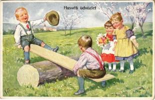 1918 Húsvéti üdvözlet / Easter greeting art postcard, children on a seesaw. B.K.W.I. 4618-1. s: K. Feiertag (vágott / cut)