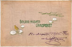 1905 Boldog húsvéti ünnepeket / Easter greeting art postcard with chicken and eggs. Emb. litho (EK)