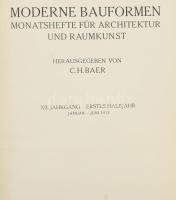 1913-1918 Moderne Bauformen. Monatshefte für Architektur und Raumkunst. Hrsg. von C. H. Baer. Kolligátum különféle számokból: 1917. I., 1.; 1918 II., 1.; [1913] XII 2-10, 1914 Ápril 1., 1915 XII 1. Stuttgart, Julius Hoffmann. Gazdag képanyaggal illusztrált. Német nyelven. Átkötött félvászon-kötés, kopott borítóval.