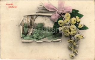 1913 Húsvéti üdvözlet / Easter greeting art postcard with flowers and ribbon. Serie 678. 1-4. (EK)