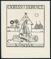 Vadász Endre (1901-1944): Csorián Ferenc könyve (ex libris). Klisé, papír, jelzett a klisén, 6,5×6 cm