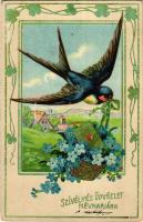 Szívélyes üdvözlet névnapjára / Name Day greeting art postcard with swallow, flowers and clovers. Art Nouveau, floral, Emb. litho (EK)