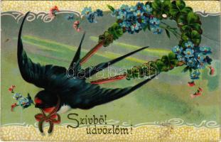 1913 Szívből üdvözlöm / Greeting art postcard with swallow, flowers and clovers. Art Nouveau, floral, litho (EB)