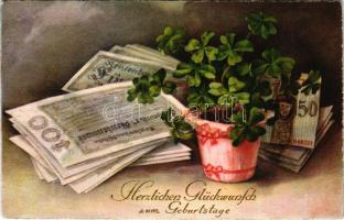 1932 Herzlichen Glückwunsch zum Geburtstage / Birthday greeting art postcard with banknotes and clovers. HWB Ser. 4541.