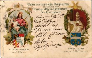 1902 Gruss vom bayerischen Rompilgerzug aus Anlass des 25 jährigen Regierungsjubiläums Sr. Heiligkeit. Papst Leo XIII, Patrona Bavariae ora pro nobis! / Greetings from the Bavarian pilgrimage to Rome on the occasion of the 25th anniversary of reign of His Holiness Pope Leo XIII. Art Nouveau, floral, litho with coats of arms (fa)