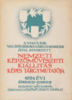 Nemzeti Képzőművészeti Kiállítás Képes Tárgymutatója. Bp., 1934, Országos Magyar Képzőművészeti Társulat. Fekete-fehér képekkel, többek közt Balló Ede, Glatz Oszkár, Iványi-Grünwald Béla, Fényes Adolf, Márk Lajos, Edvi Illés Aladár, Magyar Mannheimer Gusztáv, Zádor István, Aba Novák Vilmos, Szőnyi István, Vaszary János, Hermann Lipót, Molnár C. Pál, Berény Róbert, Márffy Ödön, Zala György, Medgyessy Ferenc és mások műveinek reprodukcióival illusztrált. Kiadói papírkötésben, a gerincen kis sérüléssel.