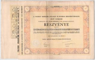 Budapest 1942. " 'Pátria' Irodalmi Vállalat és Nyomdai Részvénytársaság" névre szóló részvénye, 50P-ről, szelvényekkel, szárazpecséttel, "04938" T:XF