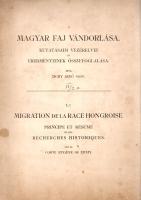 Zichy Jenő:  A magyar faj vándorlása. Kutatásaim vezérelvei és eredményeinek összefoglalása. -- La migration de la race hongroise. Principe et résumé de mes recherches historiques. (Budapest, 1897). (Szerző - Hornyánszky Viktor ny.) 1 t. (hártyapapírral védett címkép) + 55 + [1] p. + 18 t. (hártyapapírral védett) + 1 melléklet (háromleveles hasonmás). Egyetlen kiadás. Zichy Jenő (1837-1906) jogász, tisztviselő, politikus, Ázsia-kutató. A gróf vagyonát őstörténeti kutatásainak szentelte. Saját maga által finanszírozott, jelentős médiafelhajtással kísért első két kutatóútjára 1895-ben és 1896-ban került sor, a Kaukázus nyugati és északi előhegységeiben végzett kutatásokat egyetemi és múzeumi szakemberekből álló gárdája, ám az út maga viszonylag rövid ideig tartott, és néprajzi gyűjtésen kívül komolyabb leletanyagra ekkor még nem tett szert. Zichy Jenő ezt a kötetét 1898 nyarán induló, harmadik kutatóútja előtt tette közzé. A műben egyfelől összefoglalja nézeteit a magyarság őstörténetével kapcsolatban, másrészt közzéteszi valóban jelentős néprajzi gyűjtését, az észak-kaukázusi abház, cserkesz, oszét, adige és grúz viseletekről készített felvétel-gyűjteményét. Zichy Jenő ekkoriban úgy gondolta, hogy a végső soron sem a finnekkel, sem a törökökkel, hanem a hunokkal rokon magyarság egy része hosszú vándorútja során hosszabb pihenőt tartott a Kaukázus északi előterében, és e tartózkodásnak komoly antropológiai nyoma is maradt. Ezen elméletre támaszkodva szervezte első két, majd 1898-ban induló, komolyabb harmadik kutatóútját is. Példányunk címoldalán régi tulajdonosi bejegyzés, néhány oldalon és táblán, illetve hártyapapíron kisebb rozsdafoltosság, példányunk fűzése meglazult, néhány levél kijár. Fűzve, sérült, hiányos gerincű, enyhén foltos kiadói borítóban. Körülvágatlan példány.