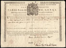 1821 Szűz Mária és József sírjából származó szent ereklye tanúsító levele a Pápai Államban kiállítva Péter érsek által. aláírt / 1821 Certificate of relic from the tomb of Virgin Mary and Joseph issued in the Papal State by Archbishop Péter. signed