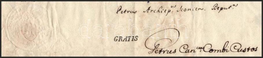 1821 Szűz Mária és József sírjából származó szent ereklye tanúsító levele a Pápai Államban kiállítva...