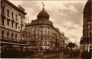 Budapest VIII. Rákóczi utca (Blaha Lujza tér), 23-as és 1-es villamosok, Józsefvárosi zeneiskola fiókja, Emke kávéház, Dr. Bonyhád M. fogorvos, Pesti Hazai Első Takarékpénztár, gyógyszertár