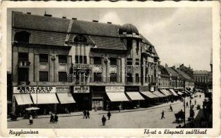 1942 Nagykanizsa, Fő út, Központi szálloda és étterem, 1860-1930 Jubileum Olcsó vásár, Grünfeld Márk és Kék Csillag Divatáruház üzlete, kávéház (szakadás / tear)