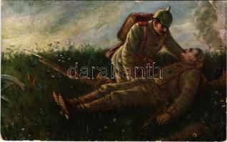 Bleib auch im ewigen Leben mein guter Kamerad / WWI German military art postcard, dying soldier. S.&G.S.i.B. No. 756. s: R. de Witt (ázott sarok / wet corner)