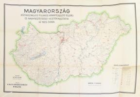 1927 Magyarország közhasználatú villamos áramfejlesztő telepei és nagyfeszültségű vezetékhálózatai az 1925. évben. Tervezte: Petró István, rajzolta: Kaplonyi Sándor. Kiadja: A m. kir. kereskedelemügyi miniszter. 1 : 500.000. Bp., M. Kir. Állami Térképészet, néhány kis sérüléssel, folttal, összességében jó állapotban, 122x85 cm