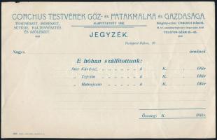 cca 1910-1920 Corchus Testvérek Gőz- és Patakmalma és Gazdasága kitöltetlen jegyzék