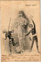 1903 Boldog Újévet / New Year greeting art postcard with chimney sweepers (fl)