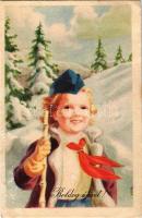 1950 Magyar szocialista úttörő újévi üdvözlő propagandalap. Művészeti Alkotások / Hungarian socialist propaganda New Year greeting card (felületi sérülés / surface damage)